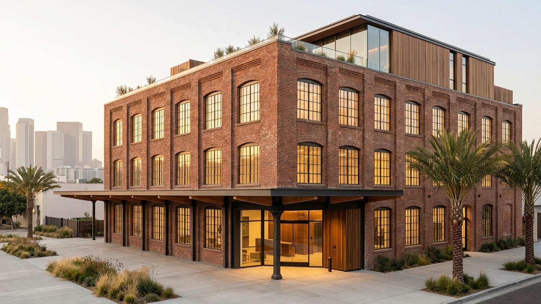 A converted brick-and-timber warehouse of loft residences at golden hour, tall steel windows lit warmly from within